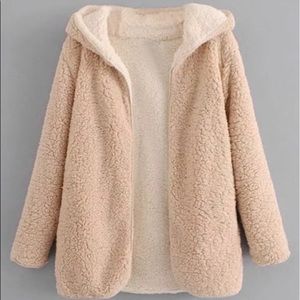 Hooded Open Front Lamb Wool Teddy Coat